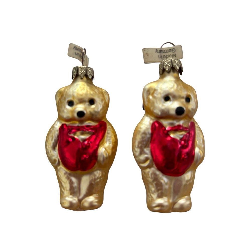 2 Mercury Glass Teddy Bear in Red Vest Christmas Ornaments Made in Germany